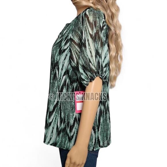 Vince Camuto Abstract Print Puff Short Sleeve Top in Rich Black & Green Size XS - Picture 5 of 11
